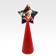 Load image into Gallery viewer, Custom tree topper - White Star with sample santa baby photo - red glitter cone
