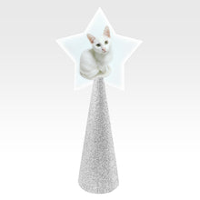 Load image into Gallery viewer, Custom tree topper - White Star with sample white cat photo - silver glitter cone
