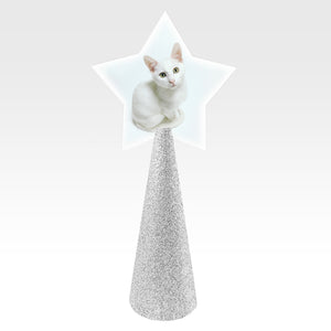 Custom tree topper - White Star with sample white cat photo - silver glitter cone