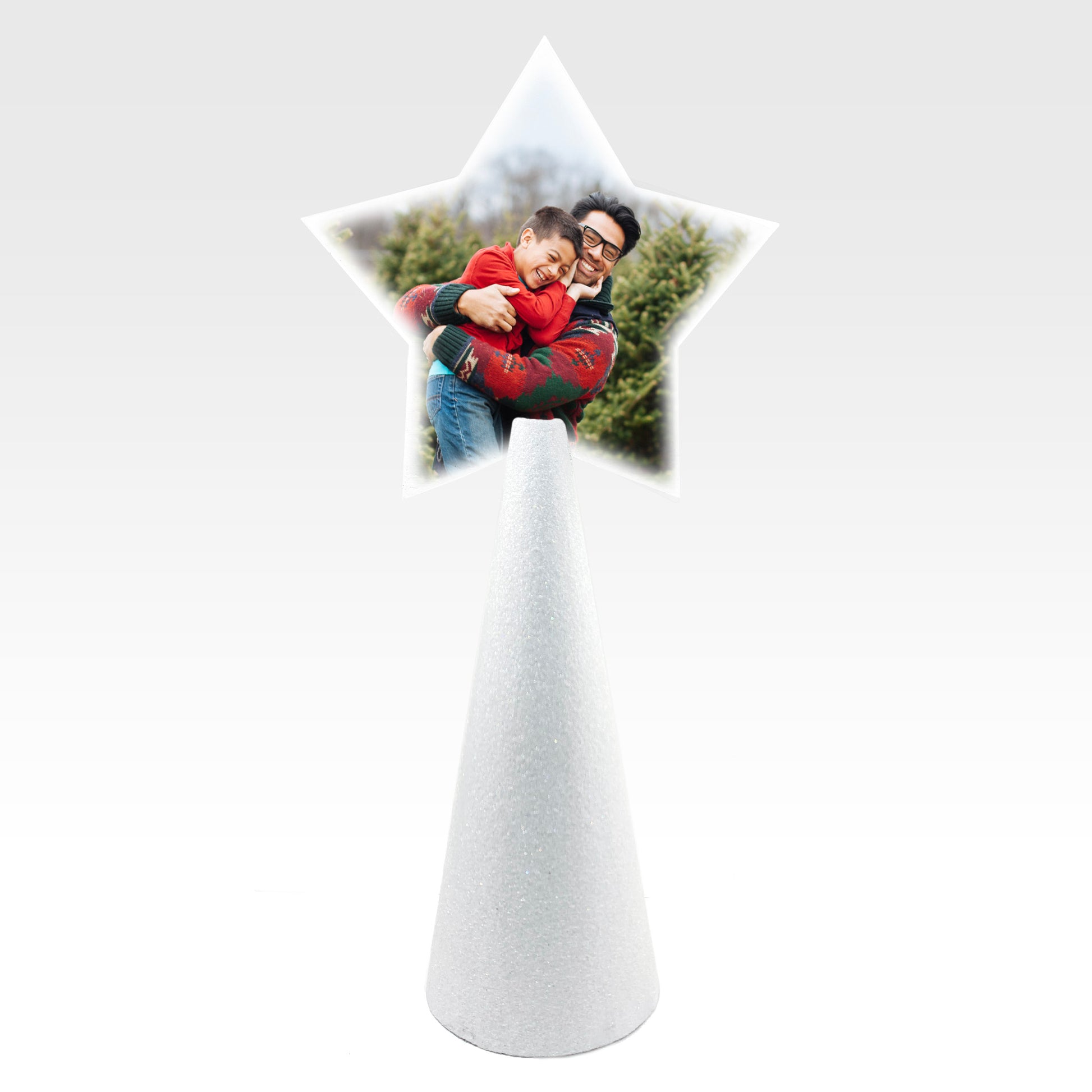Custom tree topper - White Star with sample dad & boy photo - white pearl glitter cone