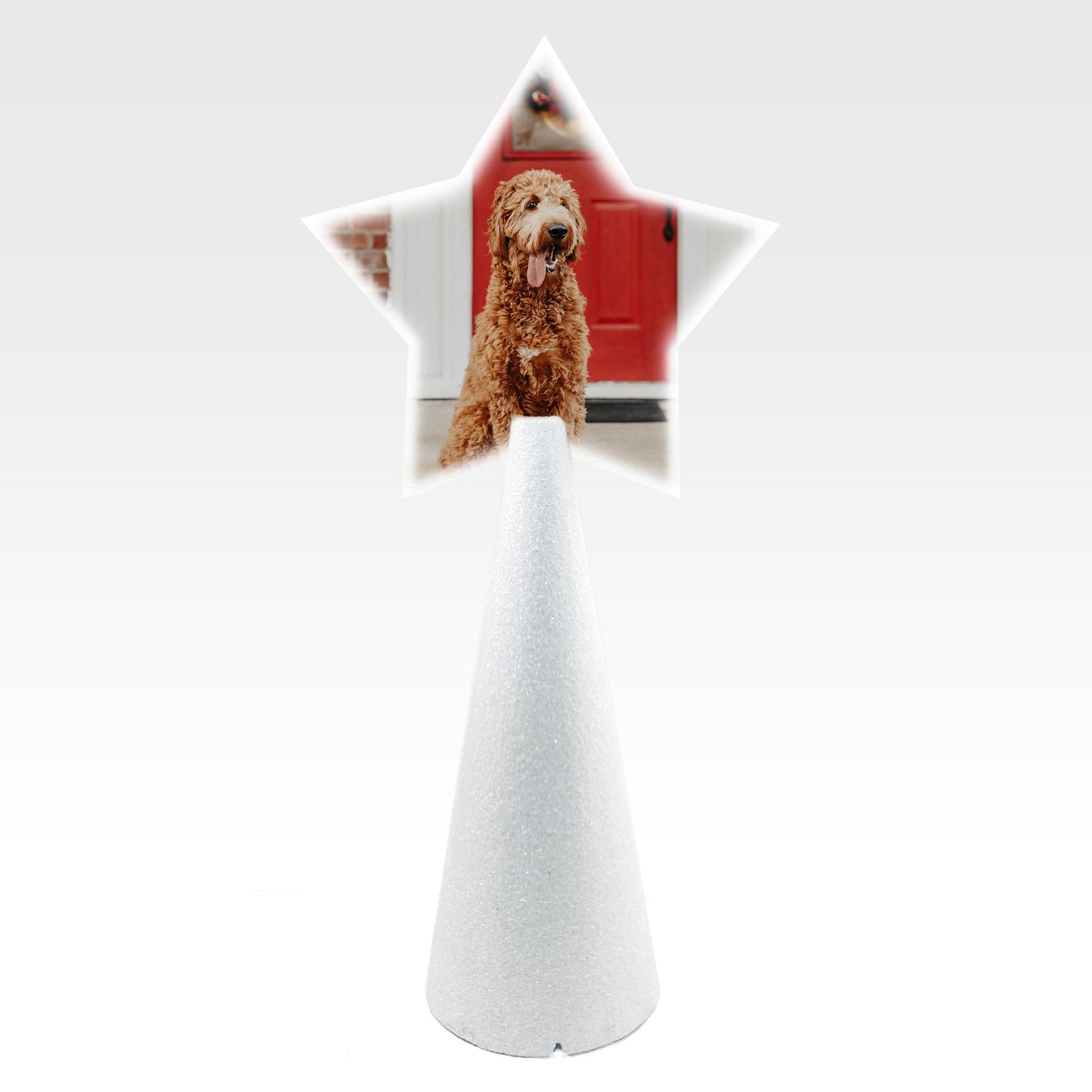 Custom tree topper - White Star with sample dog photo - white pearl glitter cone