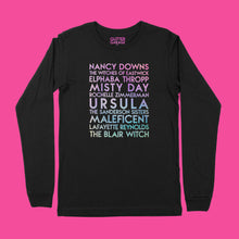Load image into Gallery viewer, pop culture witches YourTen custom sample - holographic pearl text on black unisex long-sleeve t-shirt -  by BBJ / Glitter Garage
