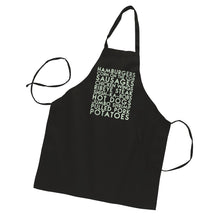 Load image into Gallery viewer, BBQ grill faves custom glow in the dark text on black apron - Custom YourTen apron by BBJ / Glitter Garage
