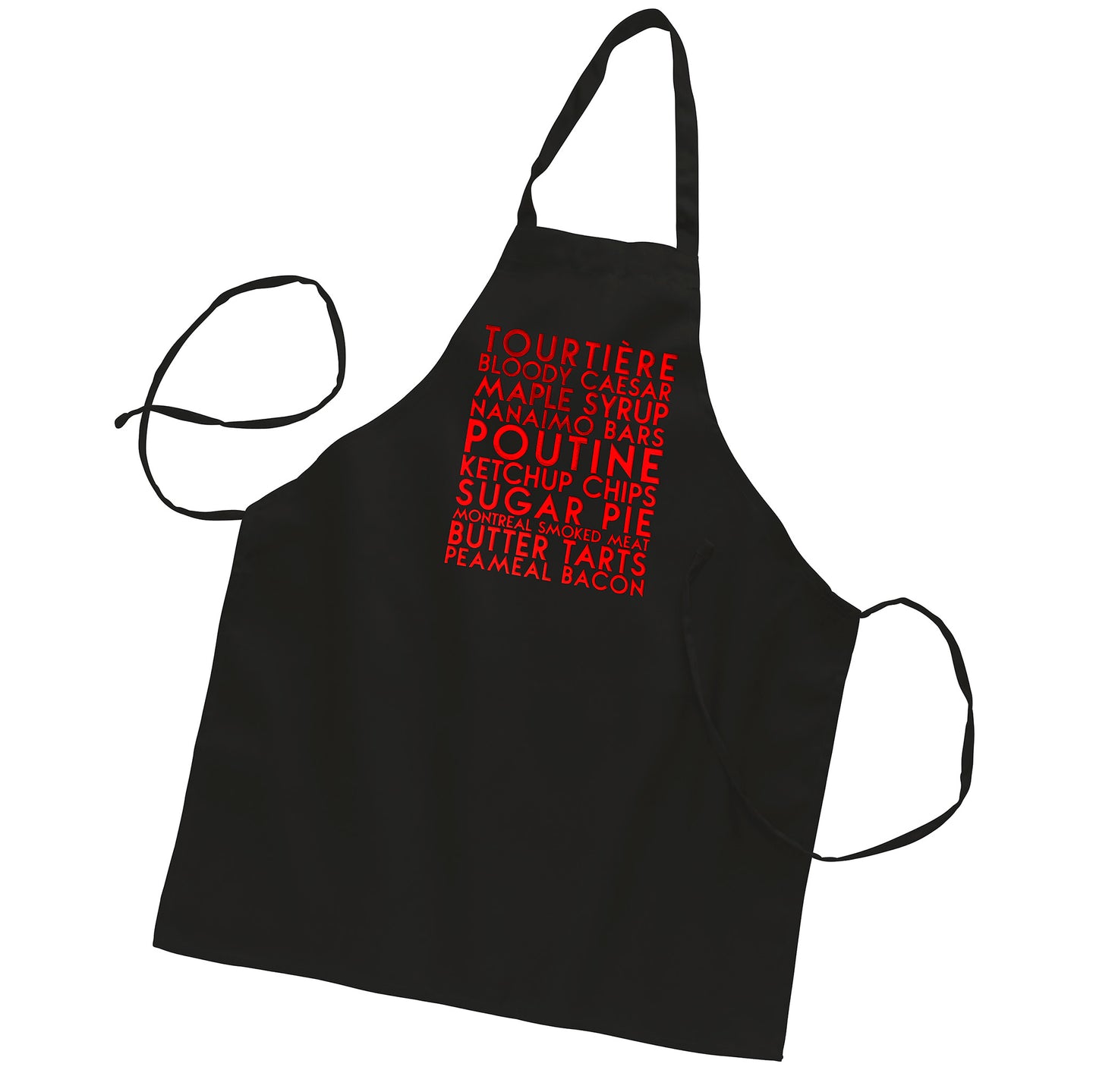Custom YourTen butcher-style black apron - with Canadian Treats in metallic red vinyl text by BBJ / Glitter Garage