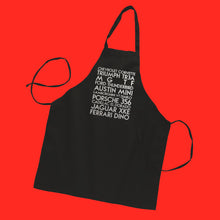 Load image into Gallery viewer, Father in laws fave cars custom silver lens text on black apron - Custom YourTen apron by BBJ / Glitter Garage
