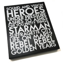 Load image into Gallery viewer, Custom samples -  songs - white glitter text on black wood art plaque - YourTen custom typography wall art by BBJ / Glitter Garage
