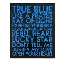 Load image into Gallery viewer, Custom samples -  songs - true blue glitter text on black wood art plaque - YourTen custom typography wall art by BBJ / Glitter Garage

