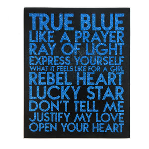 Custom samples -  songs - true blue glitter text on black wood art plaque - YourTen custom typography wall art by BBJ / Glitter Garage