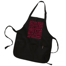 Load image into Gallery viewer, &quot;Memories of Mum&#39;s cooking&quot; custom magenta glitter text on black bakers apron - Custom YourTen apron by BBJ / Glitter Garage
