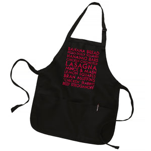 "Memories of Mum's cooking" custom magenta glitter text on black bakers apron - Custom YourTen apron by BBJ / Glitter Garage
