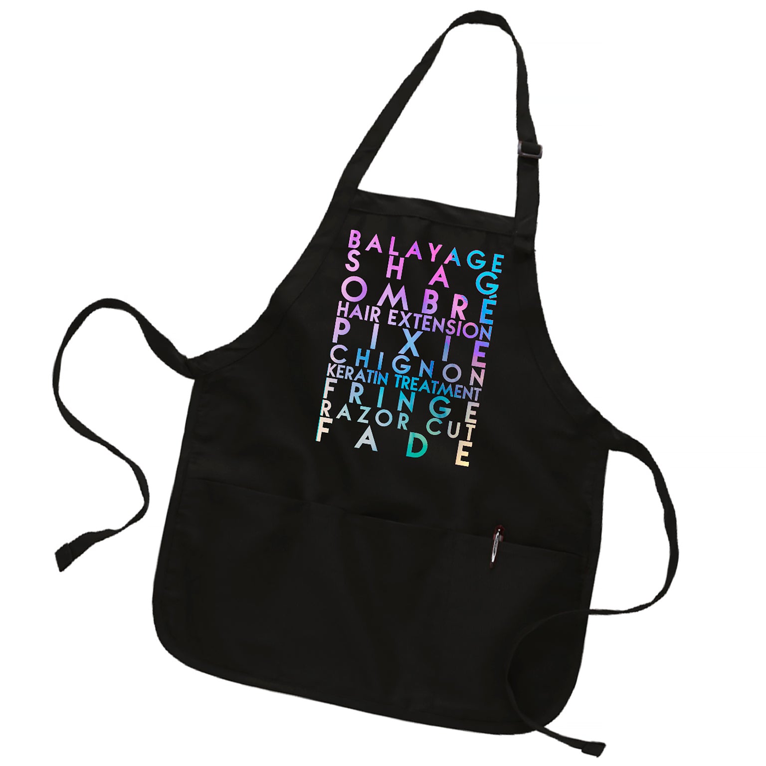 Stylist specialties custom holographic pearl text on black bakers apron - Custom YourTen apron by BBJ / Glitter Garage