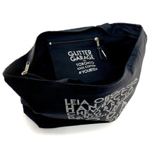 Load image into Gallery viewer, Zipper and inside zippered pocket detail of custom silver glitter text on deluxe black canvas tote - Custom YourTen tote bag by BBJ / Glitter Garage
