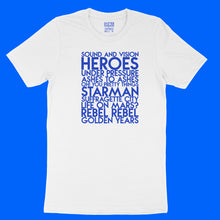 Load image into Gallery viewer, David Bowie song titles - house - neon blue matte text on white unisex t-shirt - Customizable YourTen David Bowie tee by BBJ / Glitter Garage
