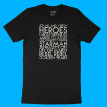 Load image into Gallery viewer, David Bowie song titles - house - silver glitter text on black unisex t-shirt - Customizable YourTen David Bowie tee by BBJ / Glitter Garage
