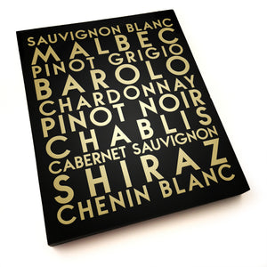 YourTen custom - wine varietals - gold semi-matte text on black wood art plaque - YourTen custom typography wall art by BBJ / Glitter Garage