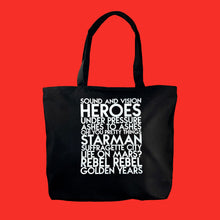 Load image into Gallery viewer, Custom text sample - music artist songs - custom white matte text on deluxe black canvas tote - Custom YourTen tote bag by BBJ / Glitter Garage
