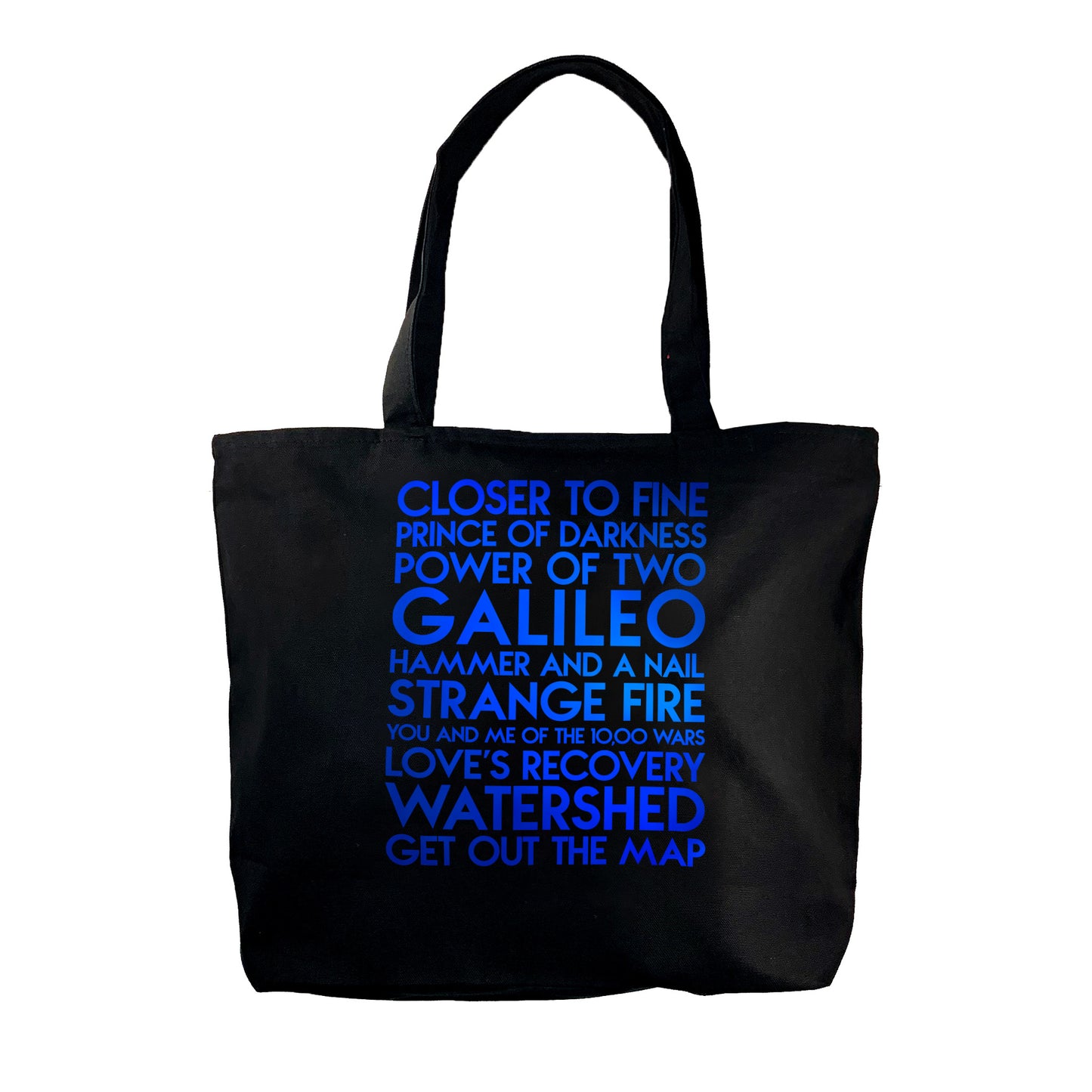 Indigo Girls custom blue metallic text on deluxe black canvas tote - Custom YourTen tote bag by BBJ / Glitter Garage