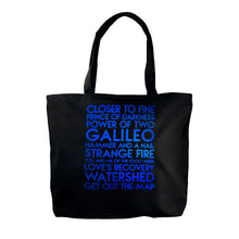 Load image into Gallery viewer, Indigo Girls custom blue metallic text on deluxe black canvas tote - Custom YourTen tote bag by BBJ / Glitter Garage
