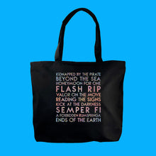 Load image into Gallery viewer, Custom text sample - book titles - custom holographic silver text on deluxe black canvas tote - Custom YourTen tote bag by BBJ / Glitter Garage
