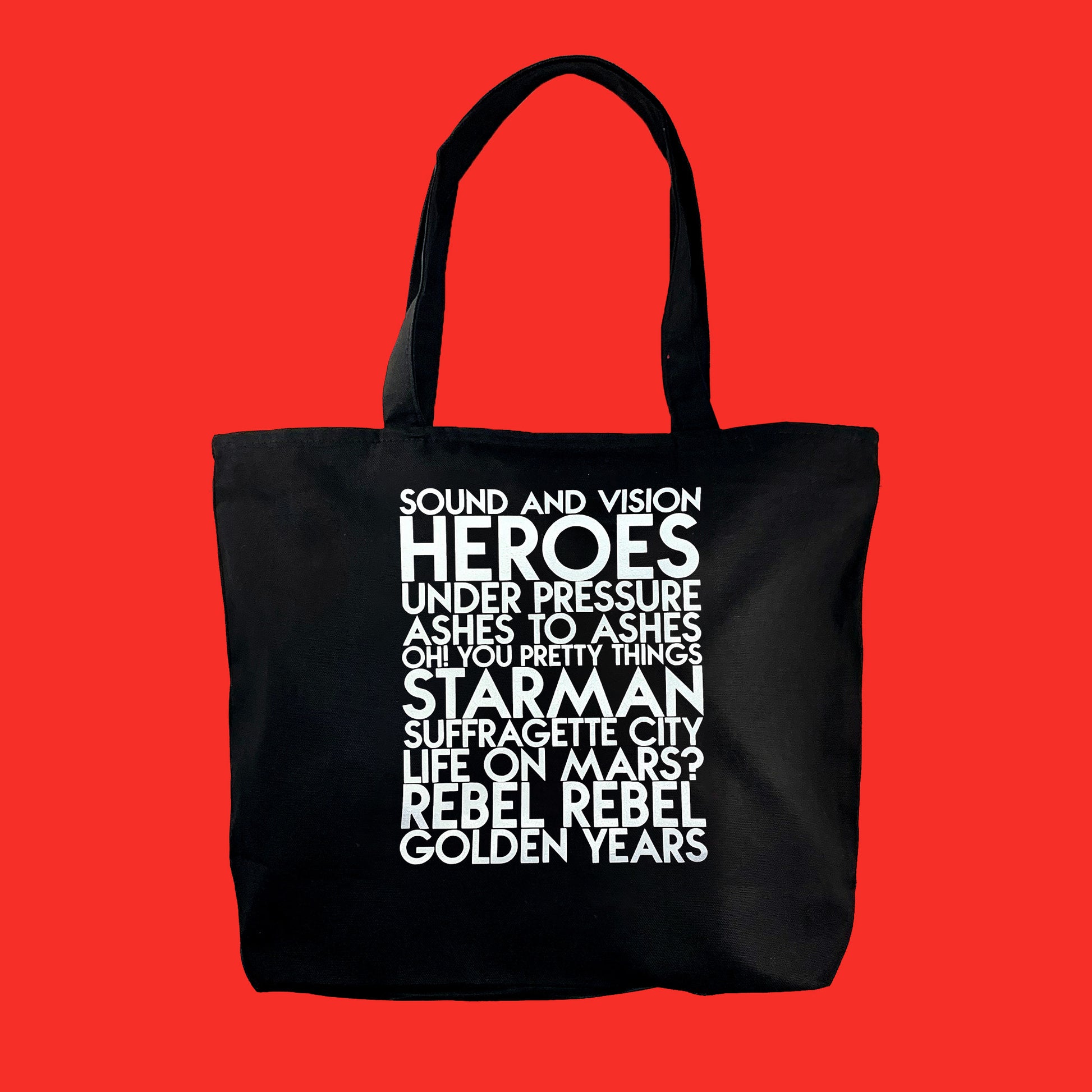 Custom text sample - Bowie songs - custom white matte text on deluxe black canvas tote - Custom YourTen tote bag by BBJ / Glitter Garage