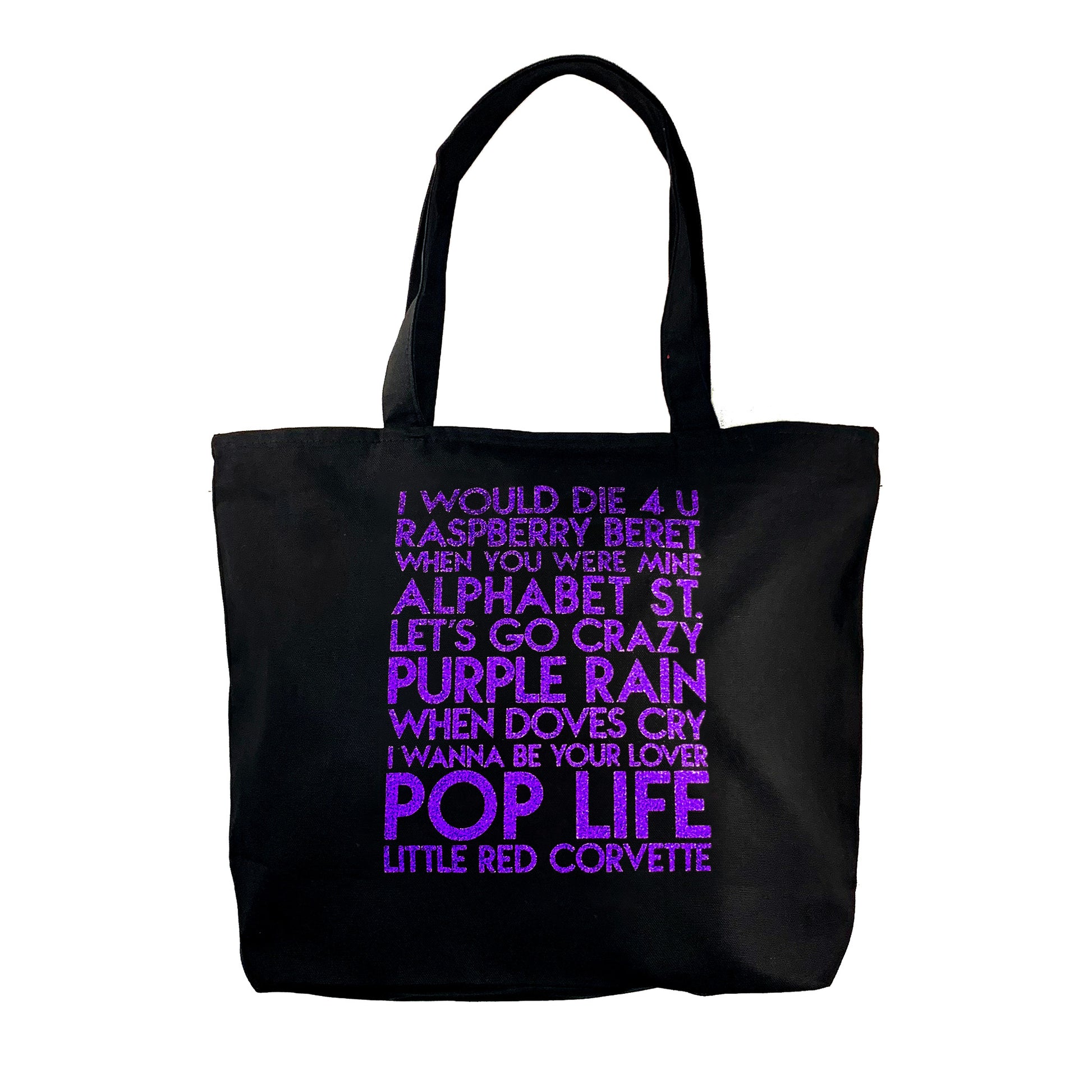 Custom text sample - Prince songs - purple glitter text on deluxe black canvas tote - Custom YourTen tote bag by BBJ / Glitter Garage