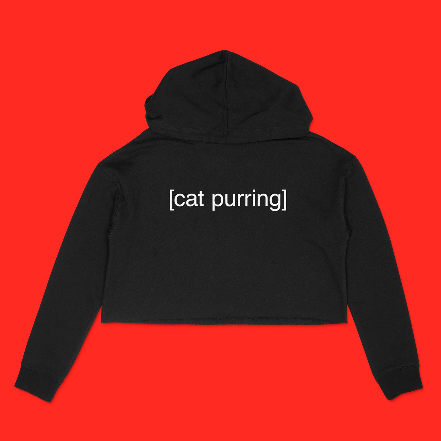 Black cropped hooded sweatshirt with [cat purring] in white text by BBJ / Glitter Garage