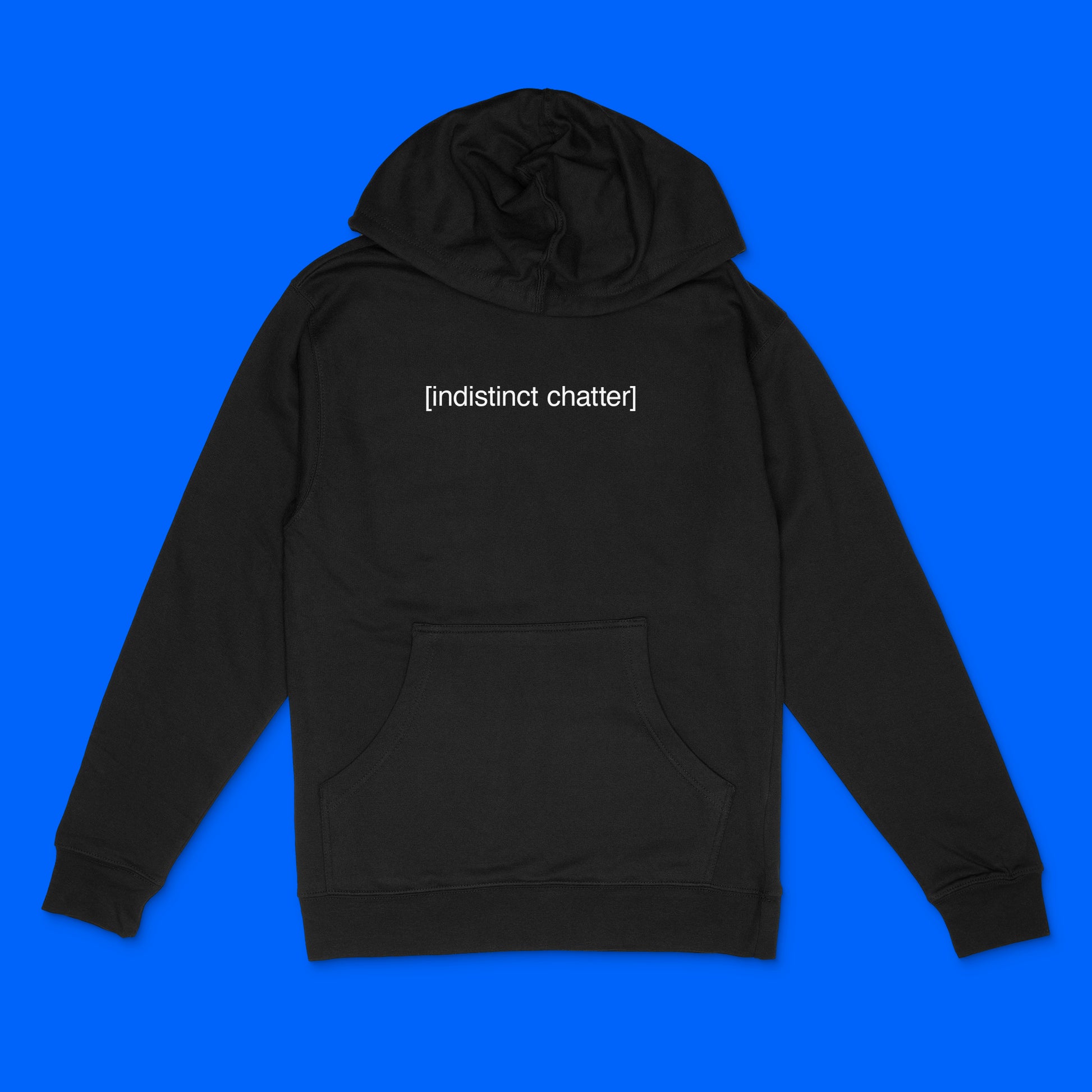 Black unisex hooded sweatshirt with [indistinct chatter] text in white by BBJ / Glitter Garage