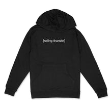 Load image into Gallery viewer, Black unisex hooded sweatshirt with [rolling thunder] text in white by BBJ /  Glitter Garage
