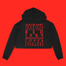 Load image into Gallery viewer, black cropped hoodie with custom YourTen - Taylor&#39;s albums custom text sample - red matte by BBJ / Glitter Garage
