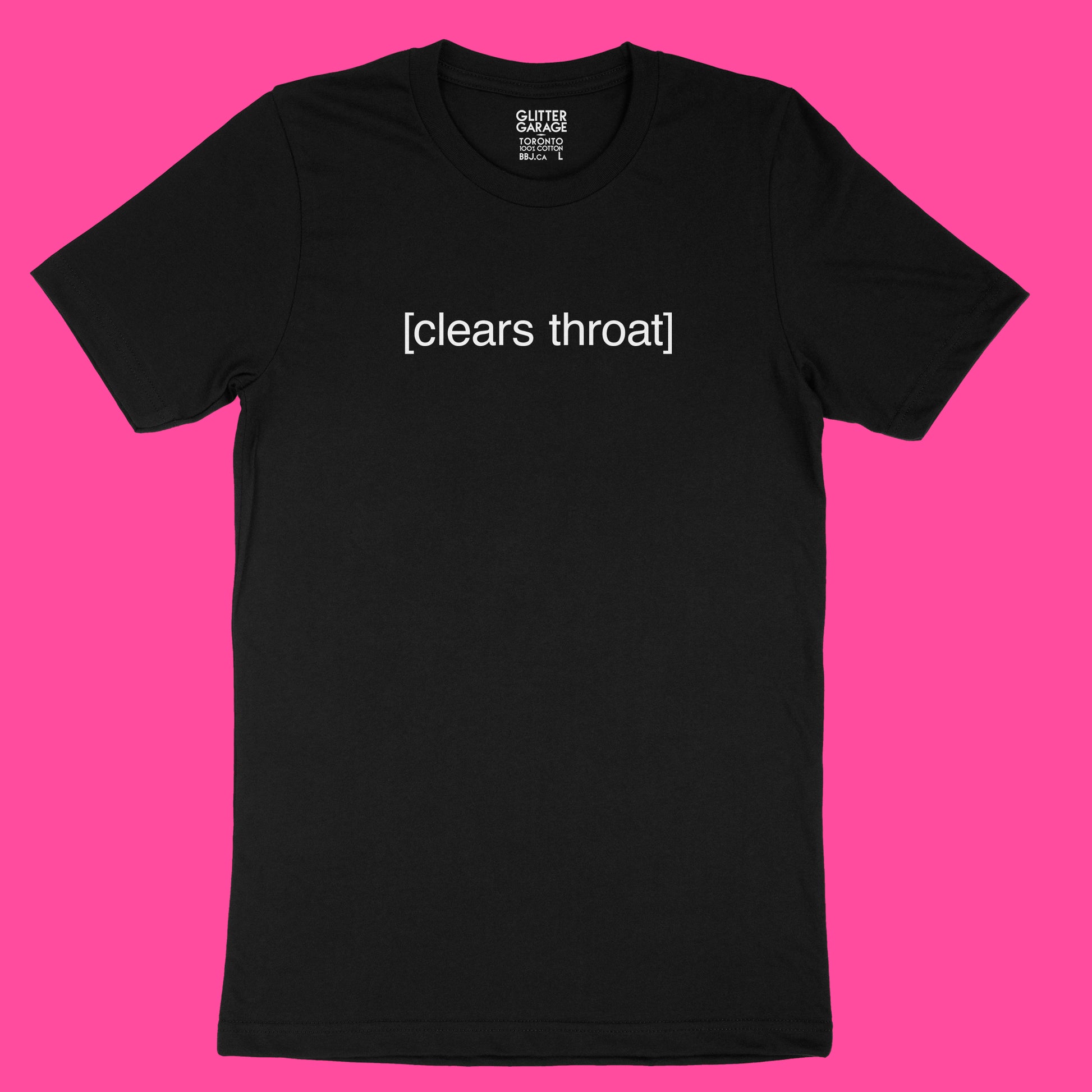 Black unisex cotton t-shirt with [clears throat] in white text by BBJ / Glitter Garage