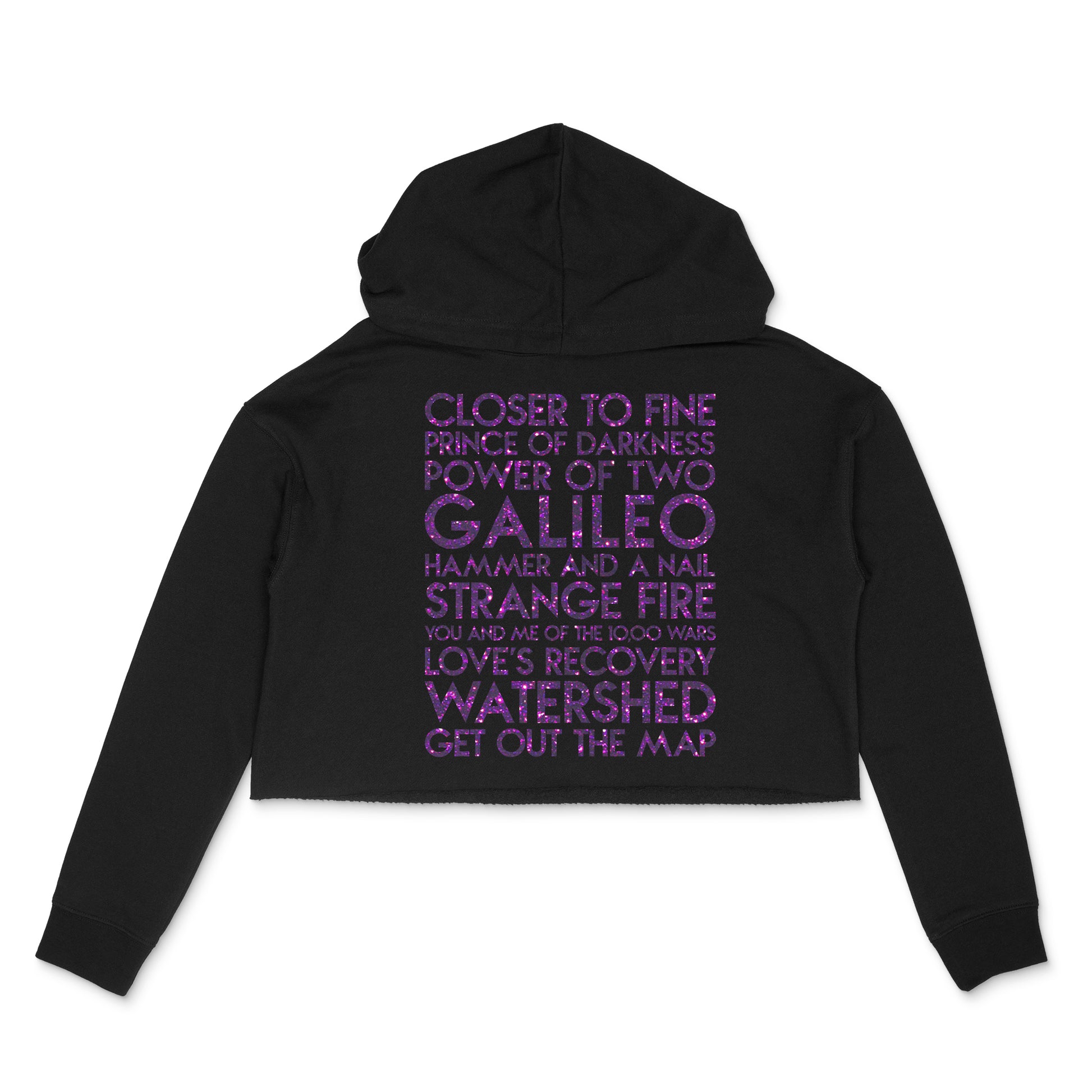 black cropped hoodie with custom YourTen - Indigo Girls songs custom text sample - purple glitter by BBJ / Glitter Garage