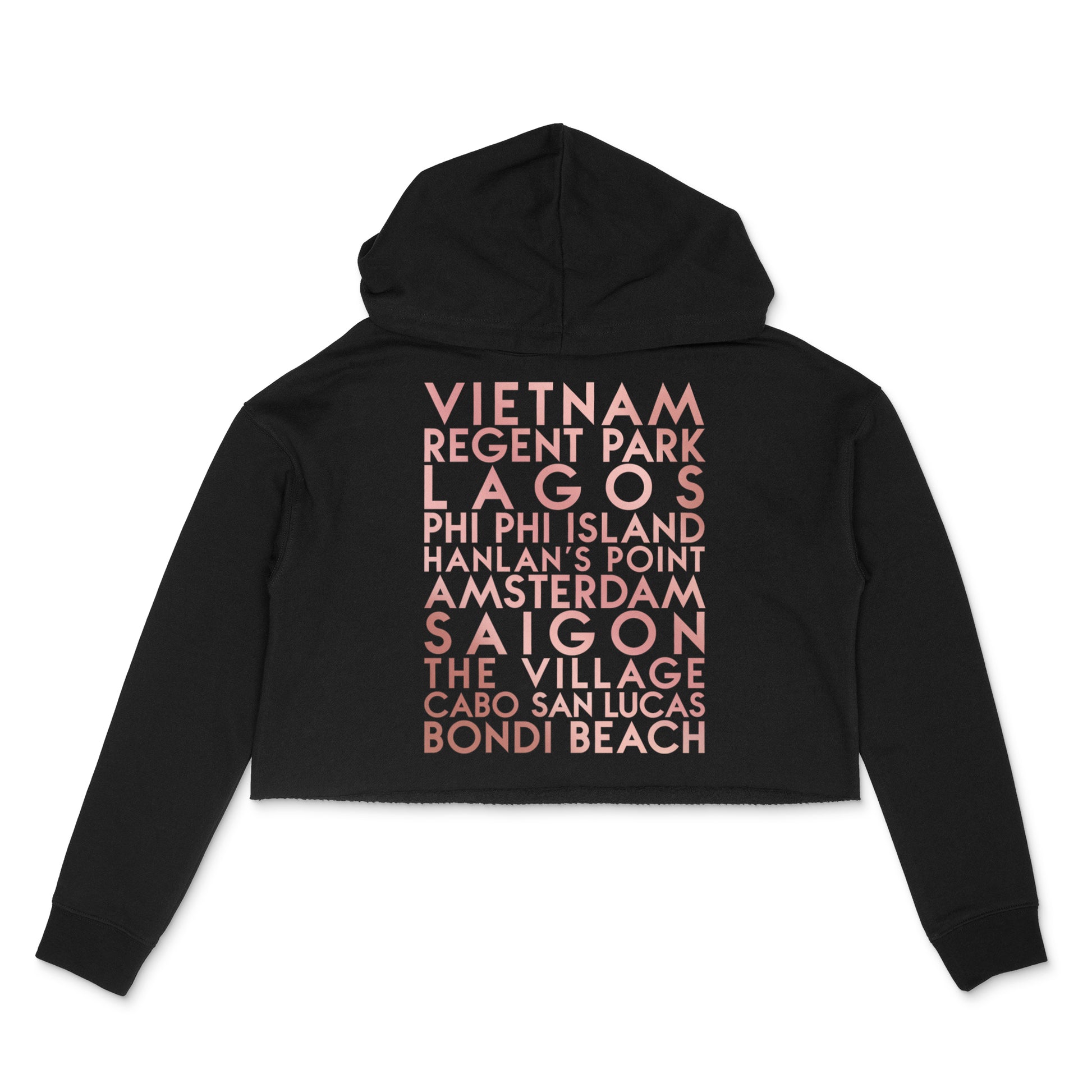 black cropped hoodie with custom YourTen - special places custom text sample - rose gold metallic by BBJ / Glitter Garage