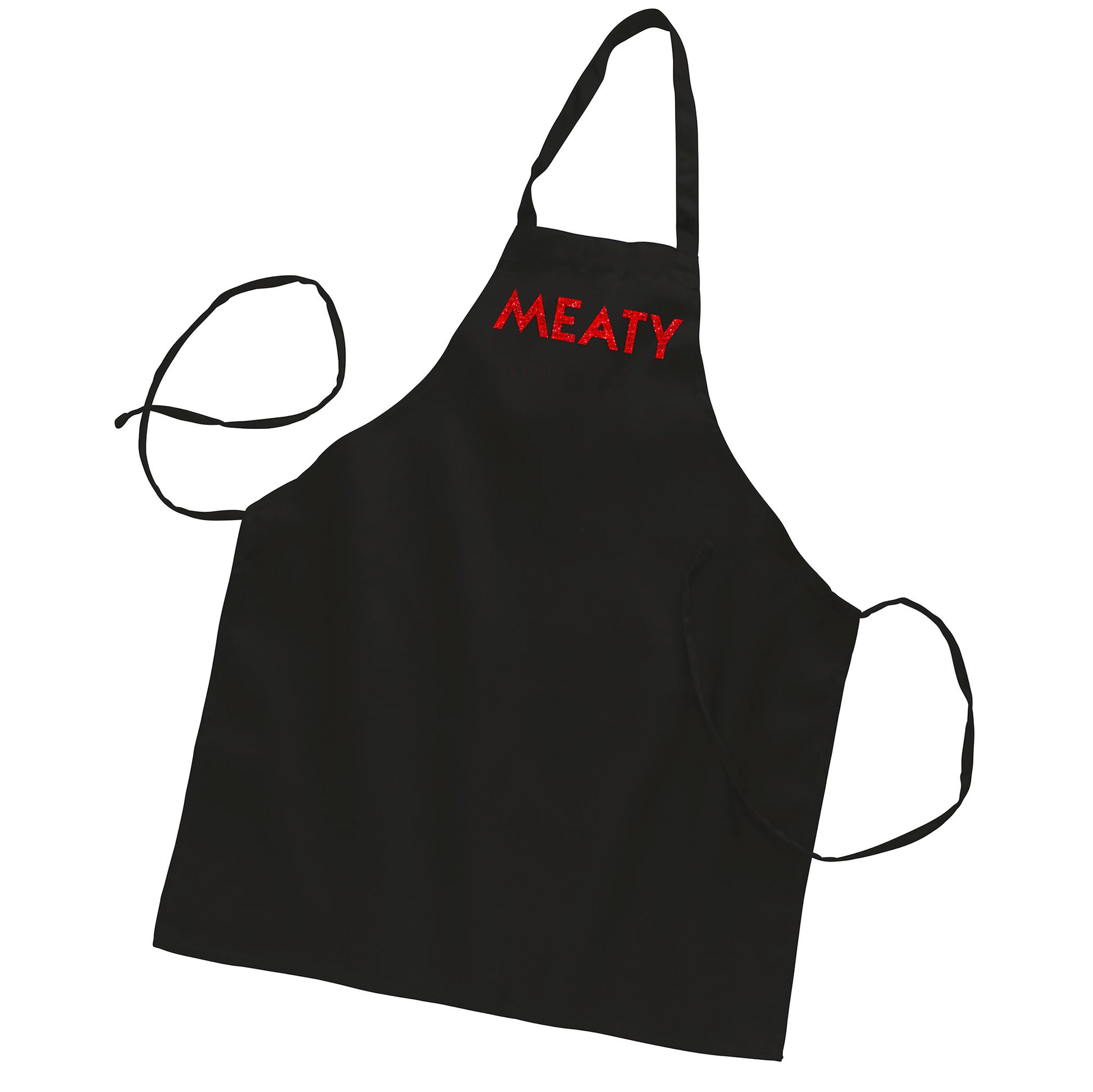Black butcher-style apron with custom text "Meaty" in red glitter geometric text