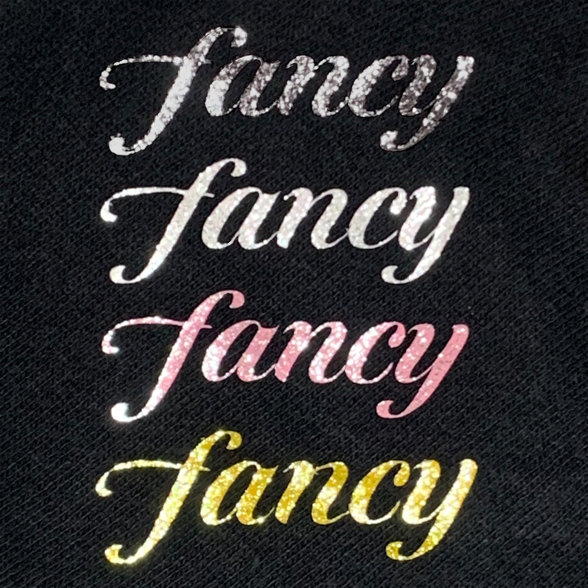 Fancy Pants - text samples in midnight, white, pink, gold sparkle on black unisex, ethically-made sweatpants by BBJ / Glitter Garage