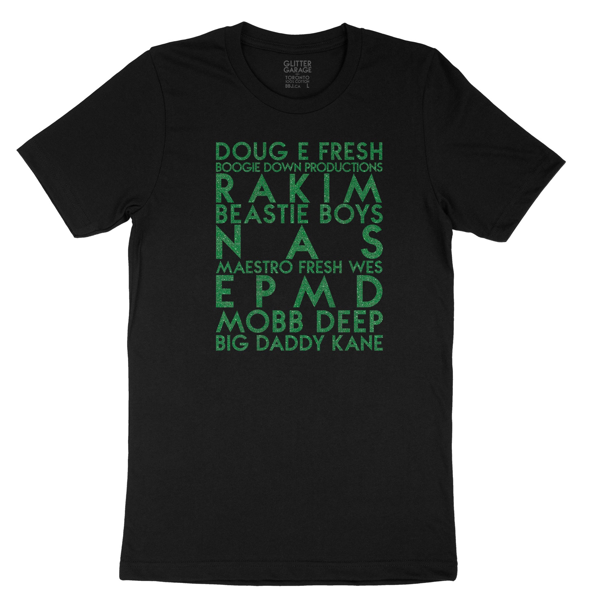 classic hip hop artists YourTen custom sample - green glitter text on black unisex t-shirt -  by BBJ / Glitter Garage