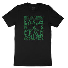 Load image into Gallery viewer, classic hip hop artists YourTen custom sample - green glitter text on black unisex t-shirt -  by BBJ / Glitter Garage
