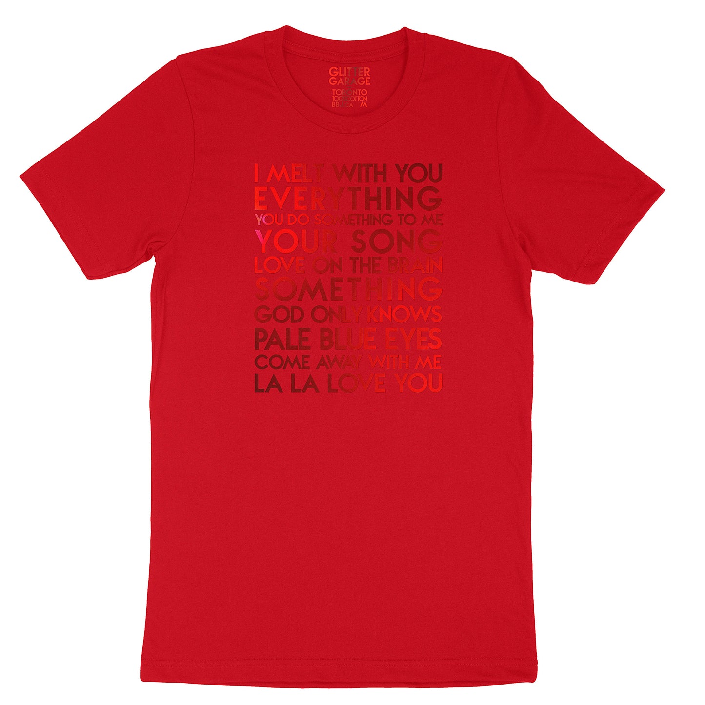 my fave love songs YourTen custom sample - red metallic text on red unisex t-shirt -  by BBJ / Glitter Garage