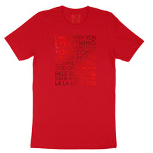 Load image into Gallery viewer, my fave love songs YourTen custom sample - red metallic text on red unisex t-shirt -  by BBJ / Glitter Garage
