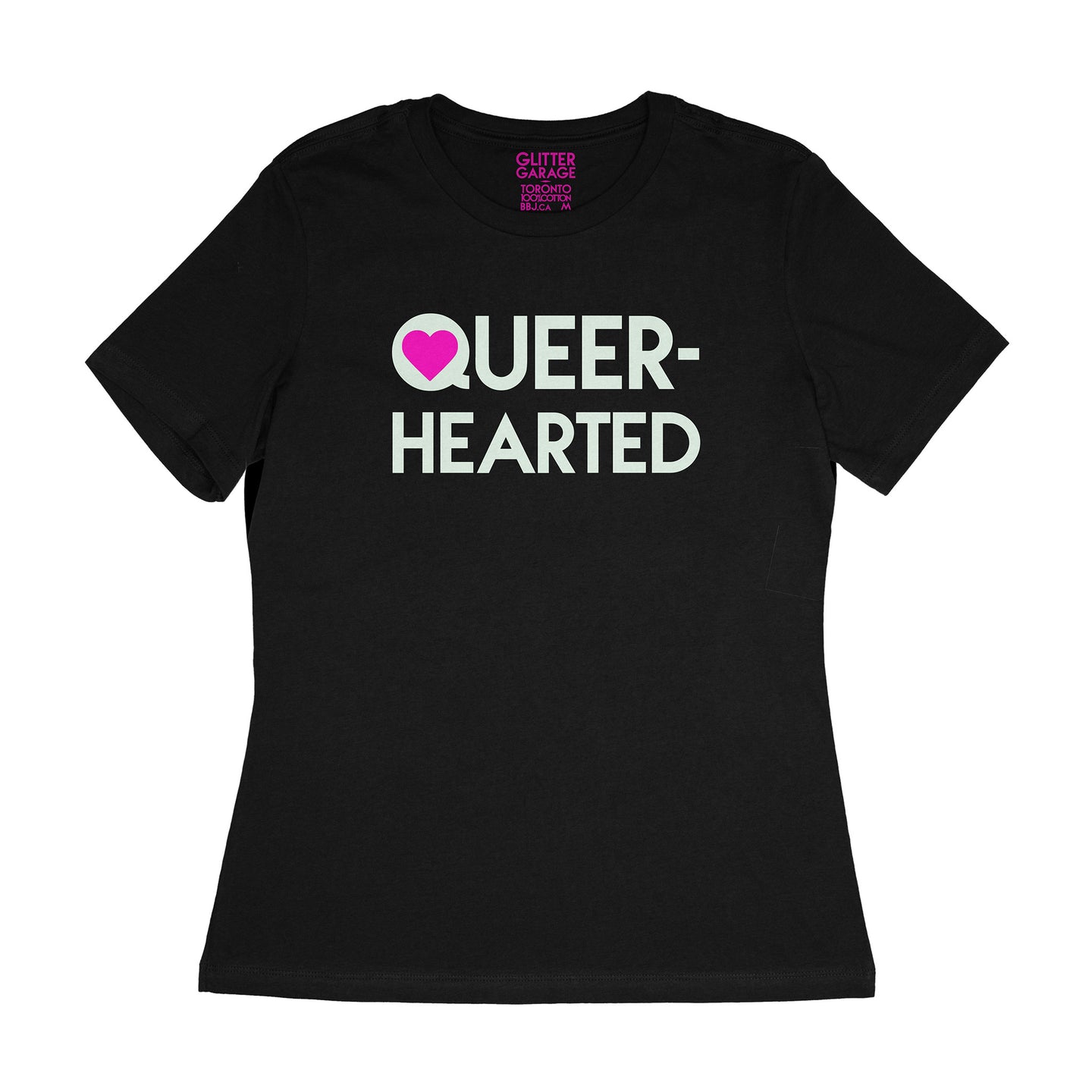 Queer-hearted glow-in-the-dark vinyl text and and neon pink heart on black women's relaxed fit t-shirt - by BBJ / Glitter Garage