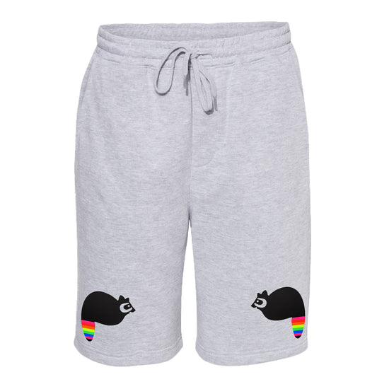 fuzzy black raccoon with neon rainbow striped tail on grey unisex shorts by BBJ / Glitter Garage