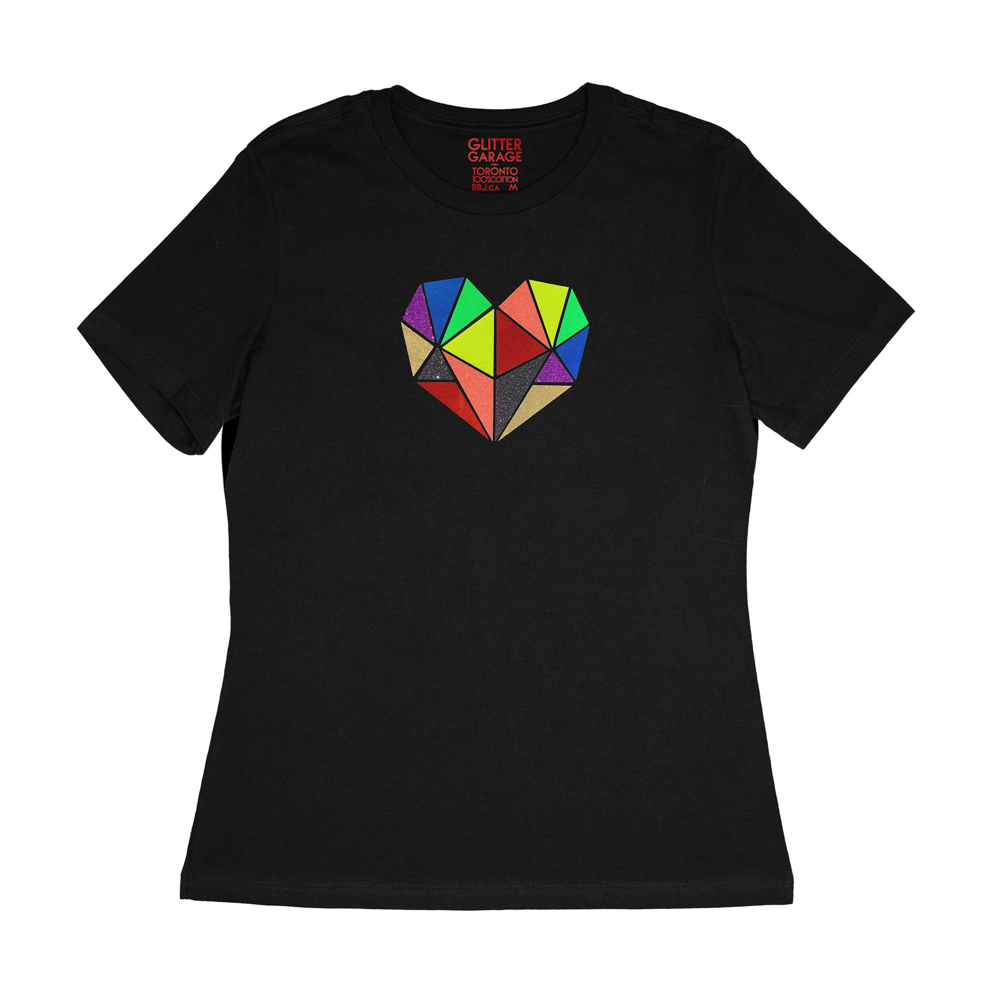 Vibrant rainbow faceted heart design with hand-applied neon, metallic and glitter vinyl on black womens relaxed fit t-shirt - by BBJ / Glitter Garage