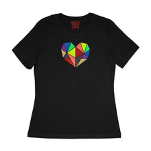 Load image into Gallery viewer, Vibrant rainbow faceted heart design with hand-applied neon, metallic and glitter vinyl on black womens relaxed fit t-shirt - by BBJ / Glitter Garage
