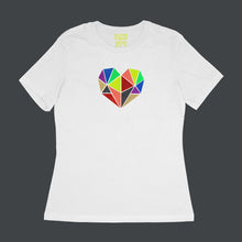 Load image into Gallery viewer, Vibrant rainbow faceted heart design with hand-applied neon, metallic and glitter vinyl on white womens relaxed fit t-shirt - by BBJ / Glitter Garage  Edit alt text
