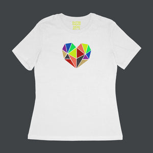 Vibrant rainbow faceted heart design with hand-applied neon, metallic and glitter vinyl on white womens relaxed fit t-shirt - by BBJ / Glitter Garage  Edit alt text