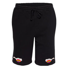 Load image into Gallery viewer, fuzzy white bird with neon rainbow striped belly on black unisex shorts by BBJ / Glitter Garage
