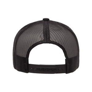 Classic black snapback hat with bold Pandemic Hair Don't Care text by BBJ / Glitter Garage. Glitter and matte vinyl colour options. Unisex style, breathable mesh back with matching plastic snap closure fits most. Back view.