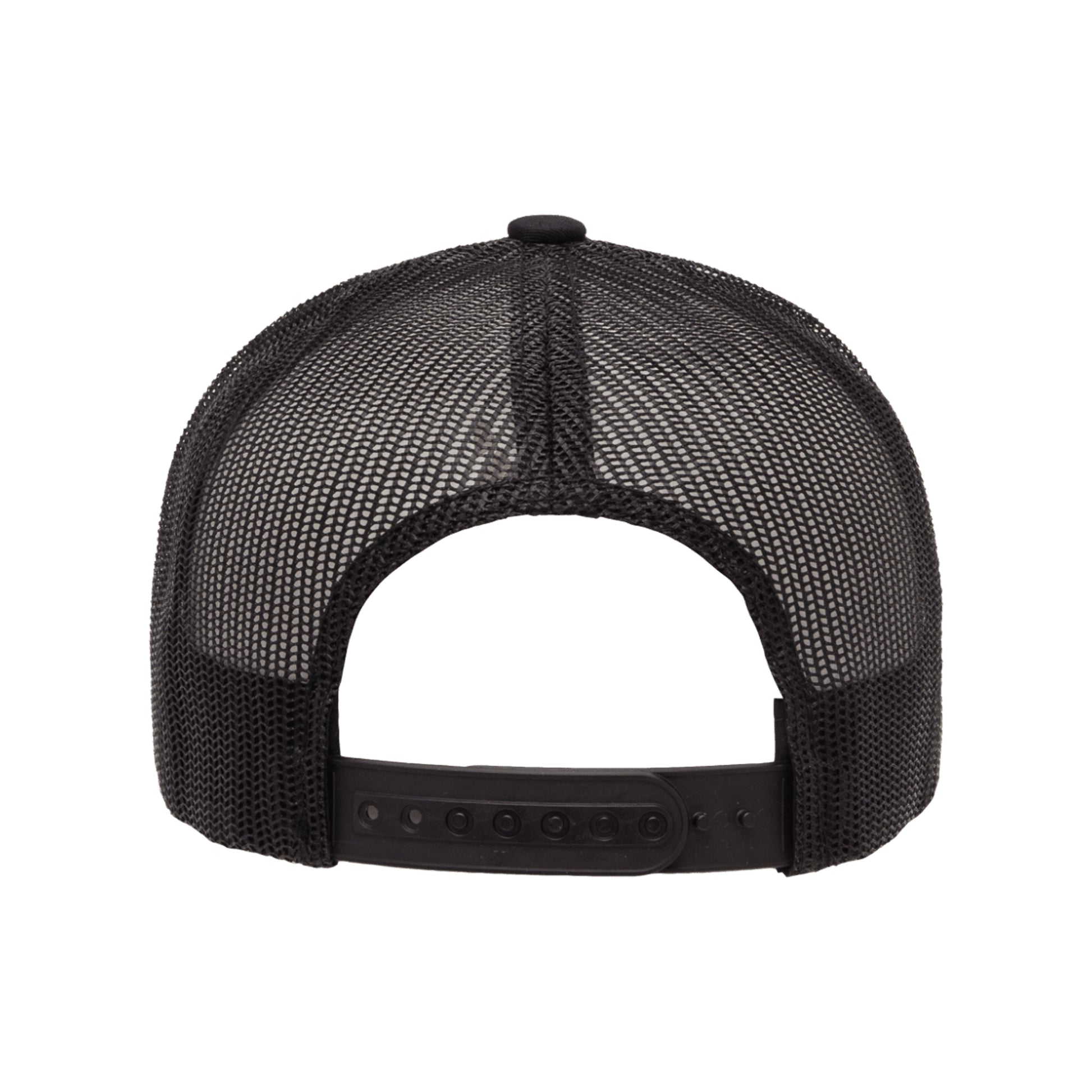 Classic black snapback hat with bold I Miss My Stylist text by BBJ / Glitter Garage. Glitter and matte vinyl colour options. Unisex style, breathable mesh back with matching plastic snap closure fits most. Back view.