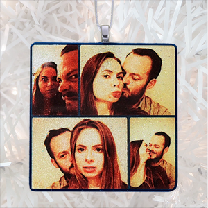 Cute couple collage square - white glitter - Custom image glass and glitter handmade holiday ornament.