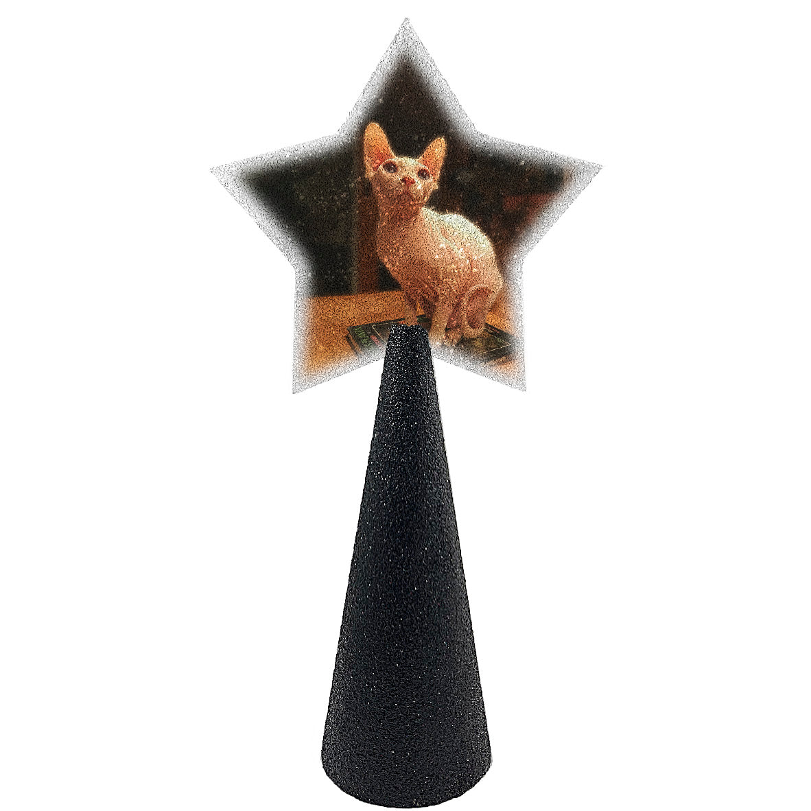 Sphynx cat custom christmas tree topper - star photo on black glitter cone