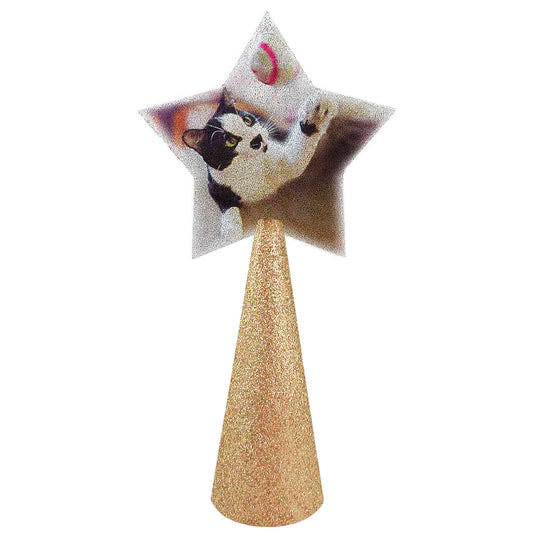 Cute black and white cat custom christmas tree topper - star photo on gold glitter cone